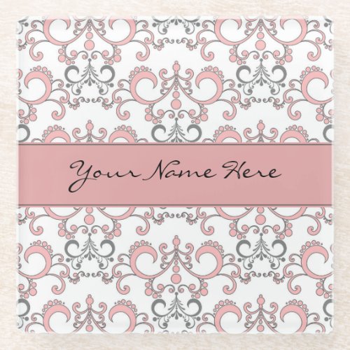 Pale Pastel Pink and Grey Arabesque on White Glass Coaster