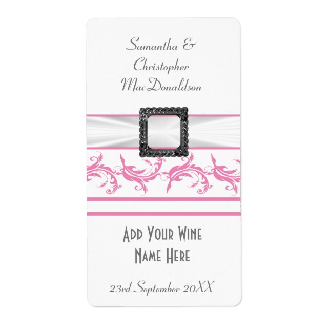Pale pastel pink white wedding wine bottle label (Front)