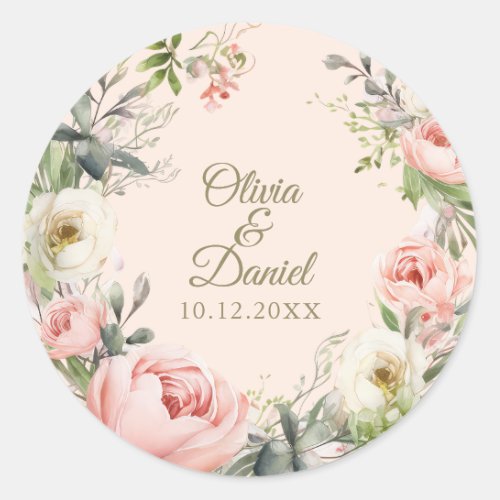 Pale Peach and Blush Pink Floral Wedding  Classic Round Sticker