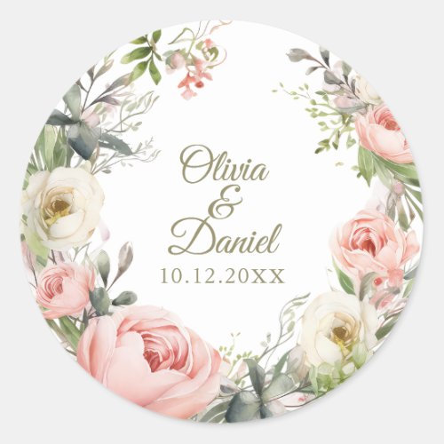 Pale Peach and Blush Pink Floral Wedding  Classic Round Sticker