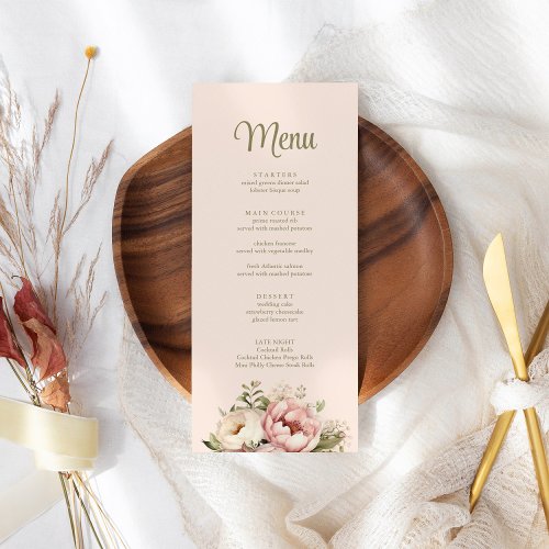 Pale Peach and Blush Pink Floral Wedding Menu Card