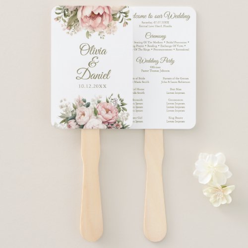 Pale Peach and Blush Pink Floral Wedding Program Hand Fan