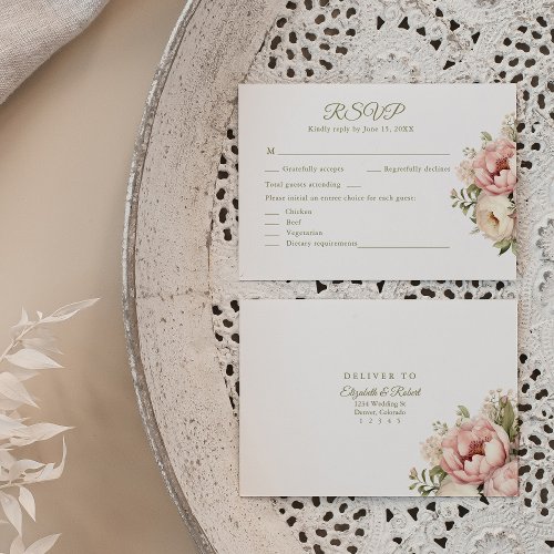 Pale Peach and Dusty Rose Floral Wedding RSVP Card