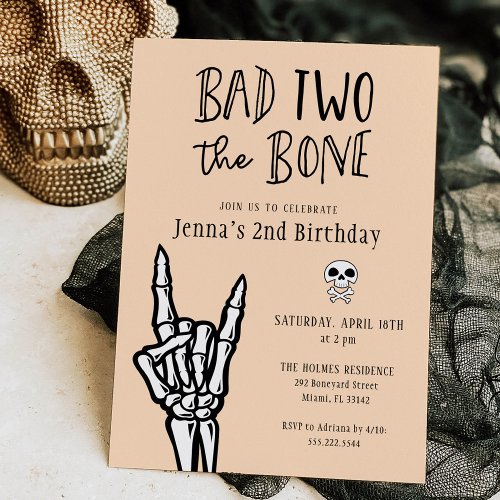 Pale Peach Bad Two The Bone 2nd Birthday Party Invitation