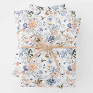 Pale Peach Blush Blue Bird  Wrapping Paper Sheets