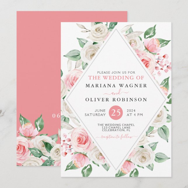 Pale Peach Blush Pink Floral Wedding Invitation (Front/Back)