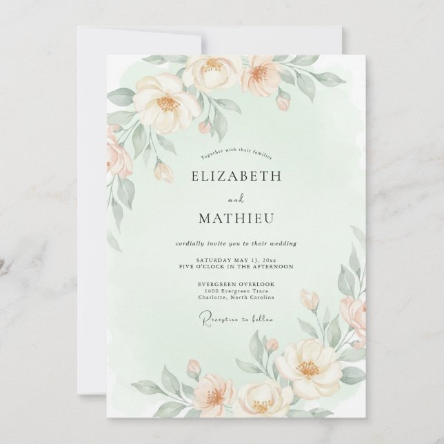Pale Peach Ethereal Floral Wedding Invitation (Front)
