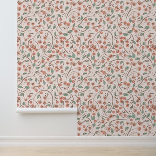 Pale Peach Floral Berries and Vines Boho Botanical Wallpaper