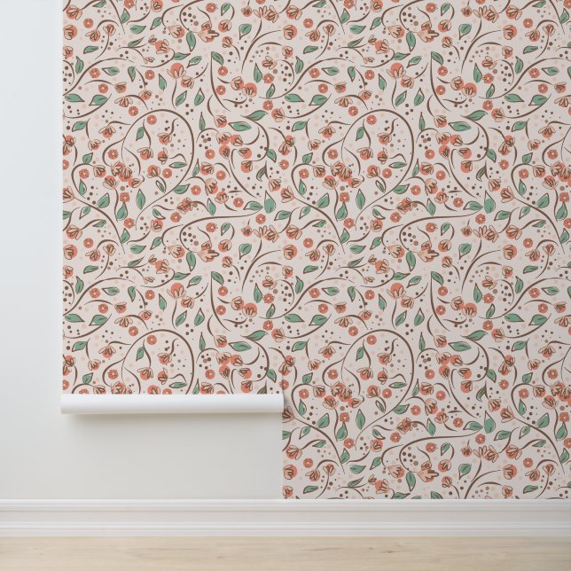 Pale Peach Floral Berries and Vines Boho Botanical Wallpaper (Application)
