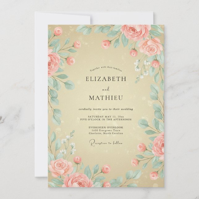 Pale Peach Mint Peony Wedding Invitation (Front)