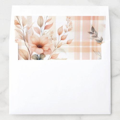 Pale Peach Orange Floral Leaf and Plaid Pattern  Envelope Liner