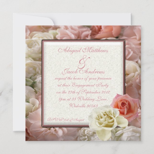 Pale Peach Pink And Cream White Rose Engagement Invitation (Front)