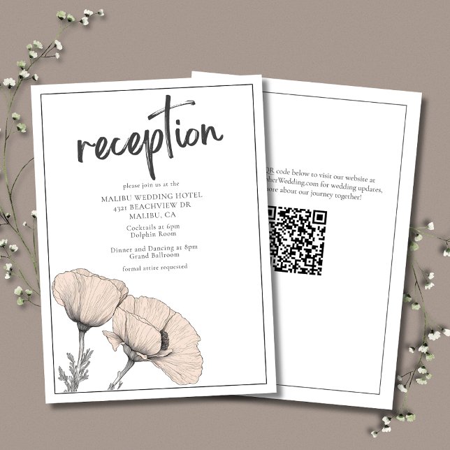 Pale Peach Poppy Floral Elegant Wedding Reception Enclosure Card (Pale Peach Wedding Reception Card featuring California Poppies with QR Code for Wedding Website.)