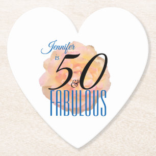 Pale Peach Rose 50 and Fabulous Birthday Paper Coaster