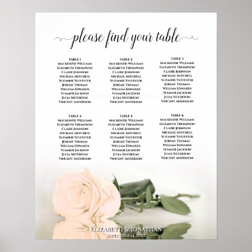 Pale Peach Rose 6 Table Wedding Seating Chart