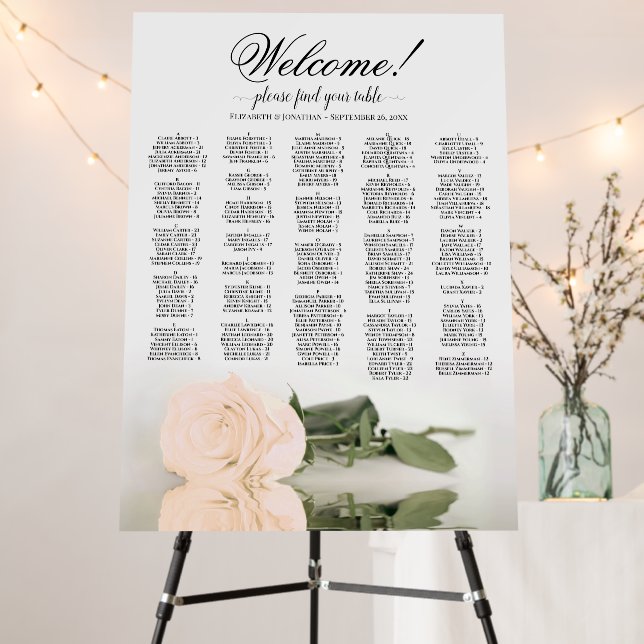Pale Peach Rose Alphabetical Seating Chart Welcome Foam Board (In Situ (Stand))