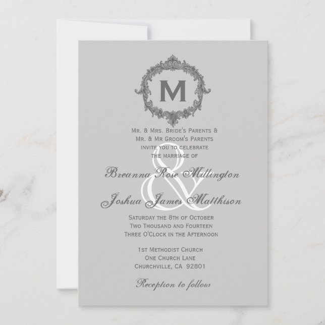 Pale Pebble and Gray Frame Monogram Wedding V7 Invitation (Front)