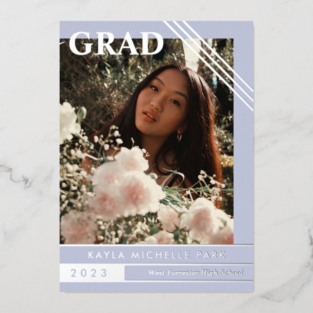 Pale Periwinkle Silver Lines Photo Graduation Foil Invitation (Front)