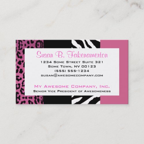Pale Pink and Black Animal Print Zebra and Leopard Business Card Template