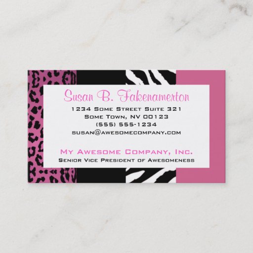 Customizable Pale Pink and Black Animal Print Zebra and Leopard Business Card Template