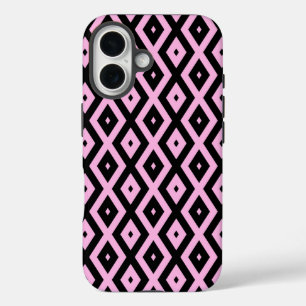 Pale pink and black diamond pattern iPhone 16 case