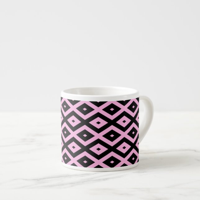Pale pink and black diamond pattern espresso cup (Front Right)
