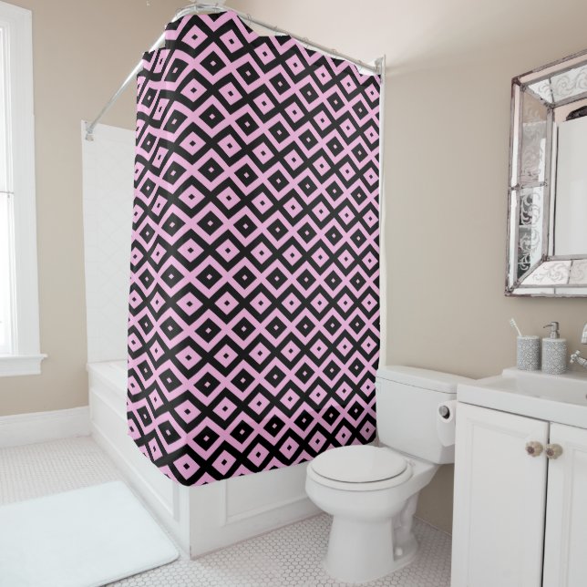Pale pink and black diamond pattern shower curtain (In Situ)
