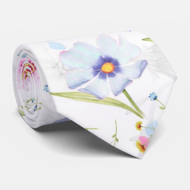 Pale Pink And Blue Flowers Neck Tie (Rolled)