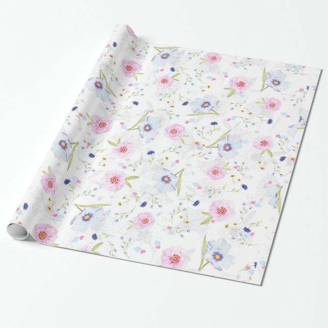 Pale Pink And Blue Flowers Wrapping Paper (Unrolled)