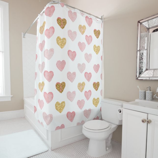 Pale Pink And Gold Hearts Shower Curtain (In Situ)