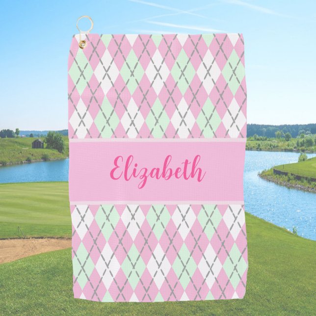 Pale pink and green argyle custom name ladies golf towel (Creator Uploaded)