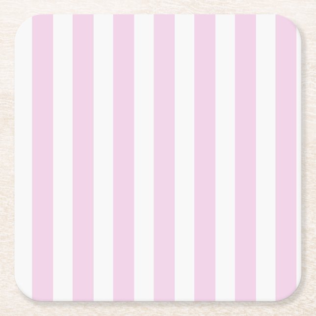 Pale pink and white candy stripes square paper coaster (Front)