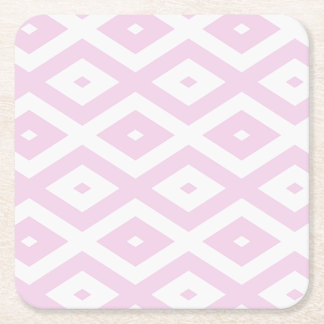Pale pink and white diamond pattern square paper coaster (Front)