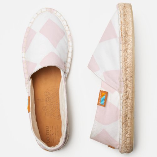 Pale pink and white harlequin geometric patterned espadrilles