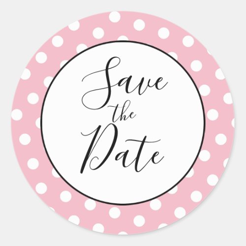 Pale Pink and White Polka Dot Save the Date Classic Round Sticker