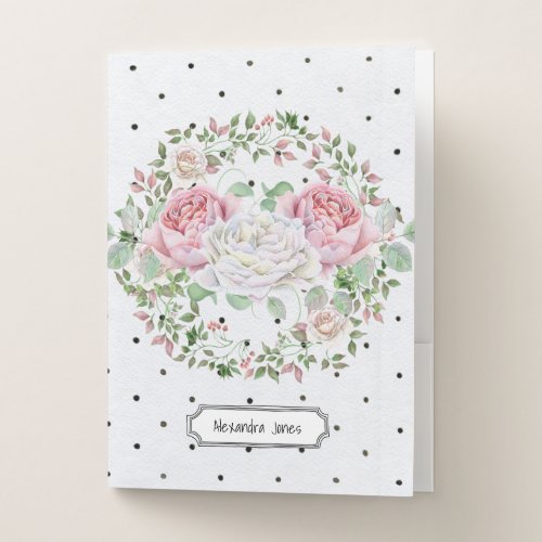 Pale Pink and White Rose Wreath Black Polka Dots Pocket Folder