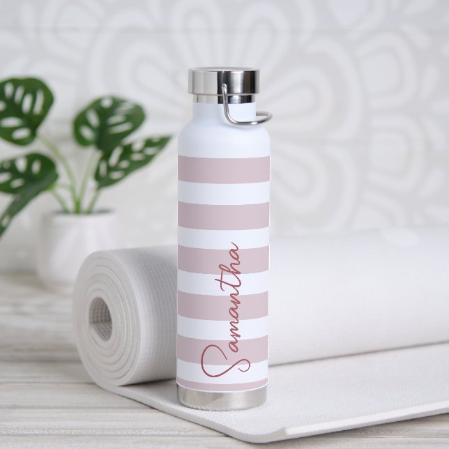 Pale Pink and White Stripes Personalized Water Bottle (Yoga)