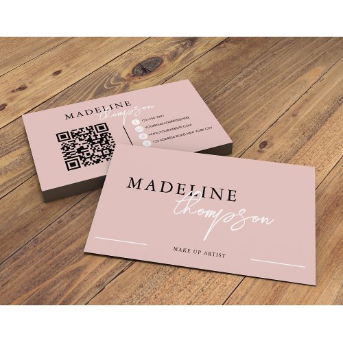 Pale Pink Beige Calligraphy Script QR code Business Card