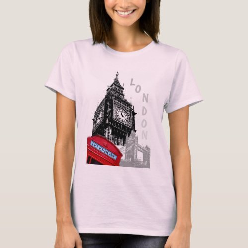 Pale Pink Big Ben Clock Tower London Red Telephone T_Shirt