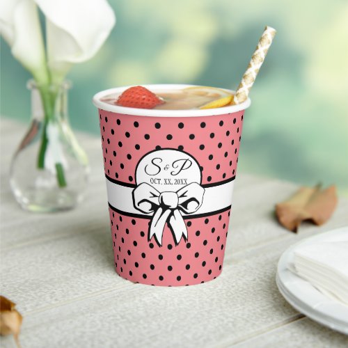 Pale Pink Black Polka Dot White Bow Personalized Paper Cups