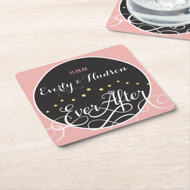 Pale Pink Blossom Bride and Groom Date Wedding Square Paper Coaster (Angled)