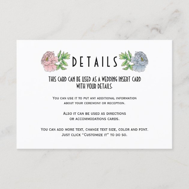 Pale Pink Blue Peonies Wedding Details Insert Card