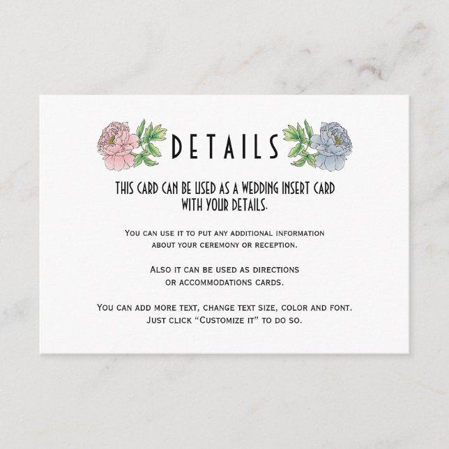 Pale pink blue peonies wedding details insert card (Front)