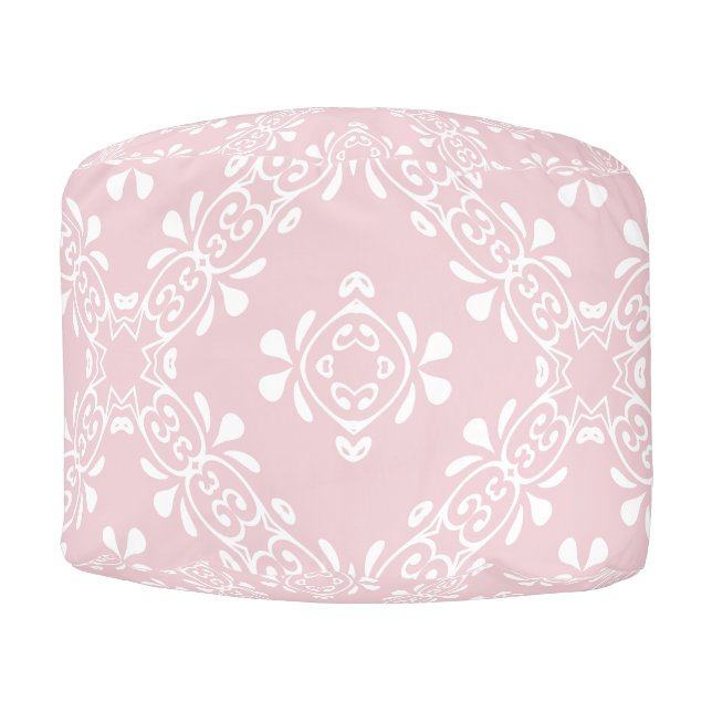 Pale Pink Blush Scroll Pattern Round Pouf (Front)