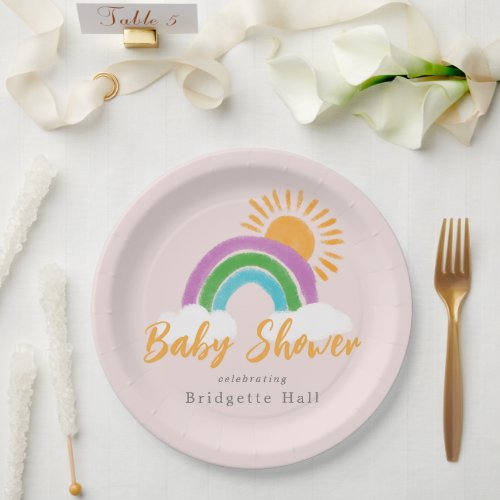 Pale Pink Boho Rainbow Baby Shower Paper Plates