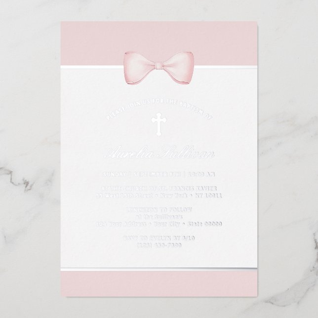 Pale Pink Bow Baptism Foil Invitation (Front)