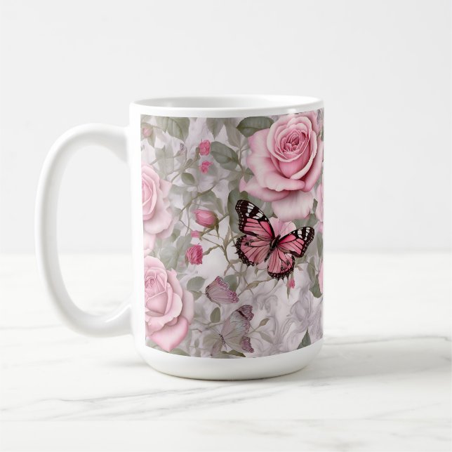 Pale Pink Butterflies and Roses Floral Coffee Mug (Left)