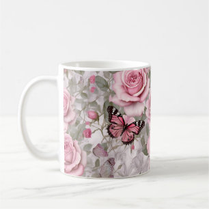 Pale Pink Butterflies and Roses Floral Coffee Mug
