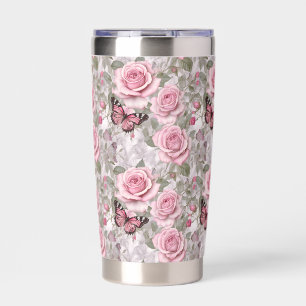 Pale Pink Butterflies and Roses Floral Insulated Tumbler