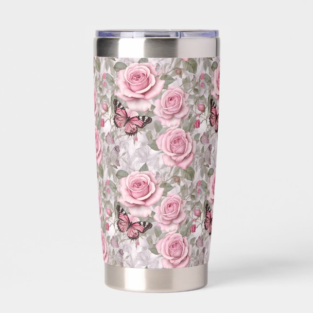 Pale Pink Butterflies and Roses Floral Insulated Tumbler (Front)